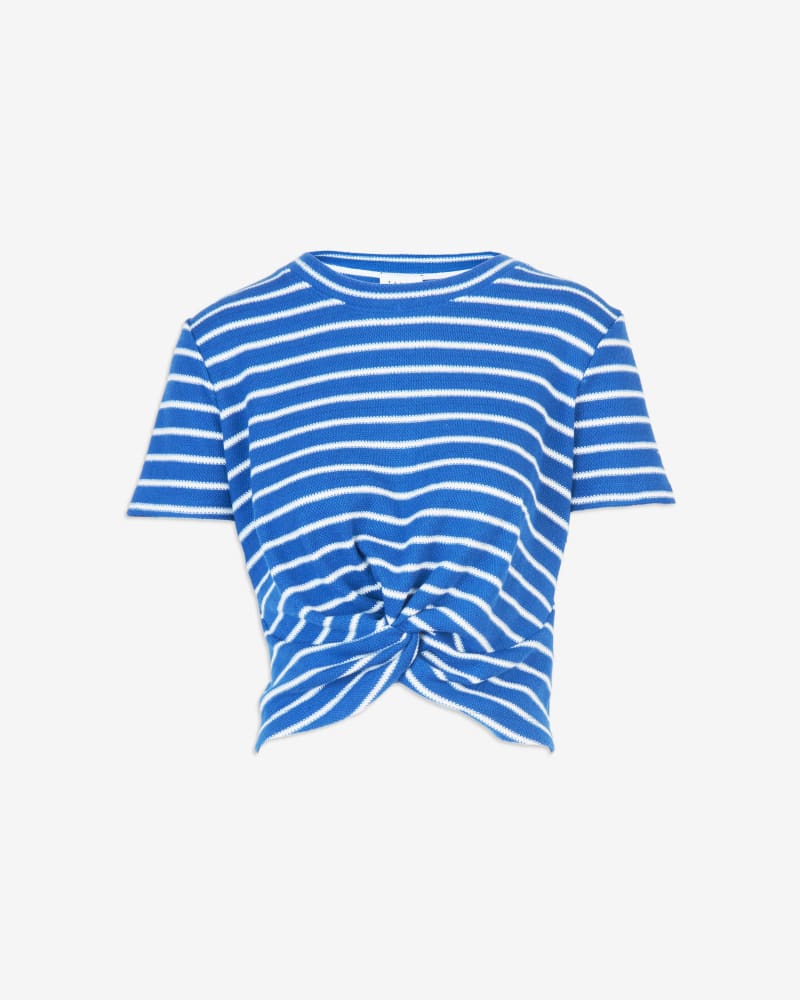 Front of a size XL Zola Top Blue in Medium Oxford Blue/Cream by Tanya Taylor. | dia_product_style_image_id:347061